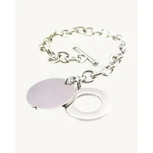 AVELI Silver Tone Stainless Steel Rolo Link Bracelet with Engravable Round Disc / Circle Charm (Toggle Lock)