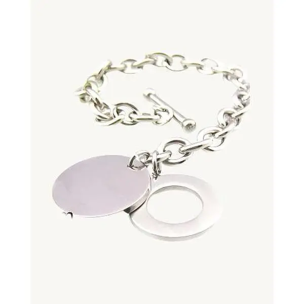 AVELI Silver Tone Stainless Steel Rolo Link Bracelet with Engravable Round Disc / Circle Charm (Toggle Lock)