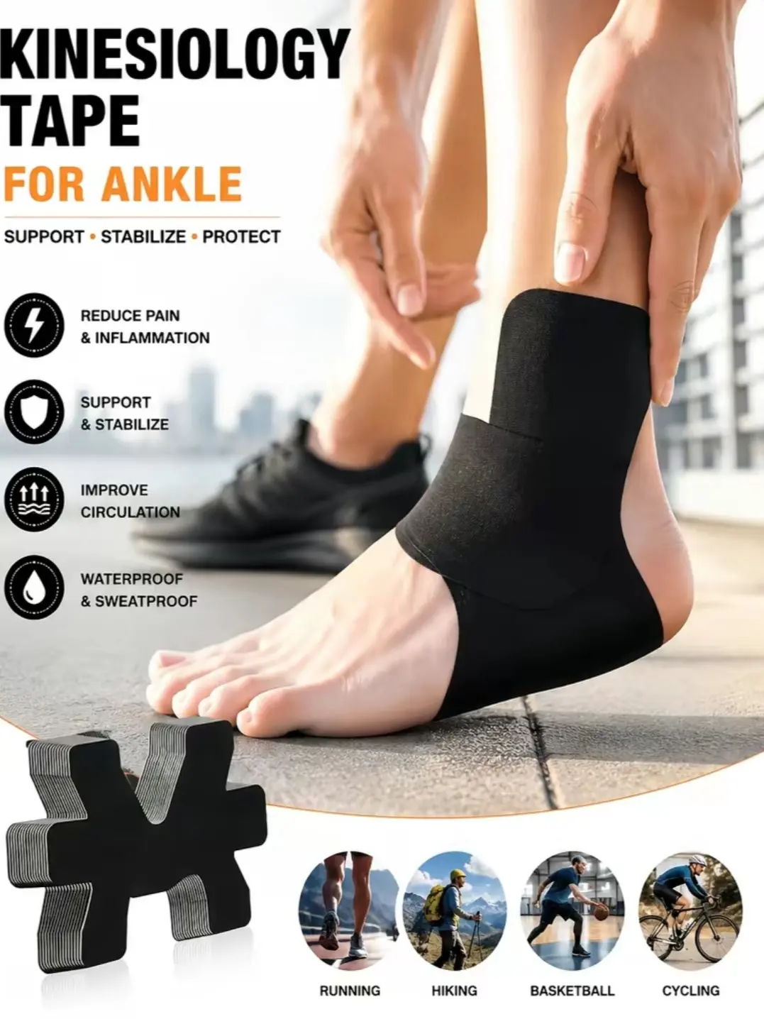 summerwins Precut Ankle Kinesiology Tape (10PCS) - Ankle Stabilizer for Youth, Men & Women, Pain Relief, Reduces Swelling, All Seasons Breathable Elastic Athletic Tape for Running, Basketball, Hiking sport