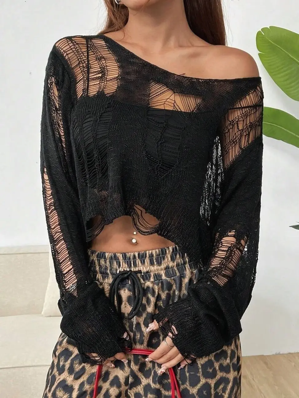 Asymmetrical Hole Knit Sweater, Loose Fit Long Sleeve Pullover, Edgy Off-The-Shoulder Casual Top