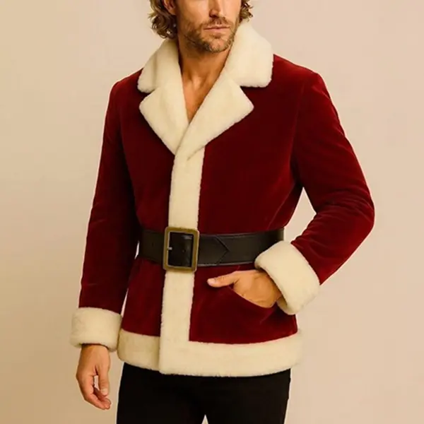 Men's Red Velvet Christmas Santa Jacket – Premium Fur Trim Coat with Belt, Warm Winter Holiday Party Outerwear