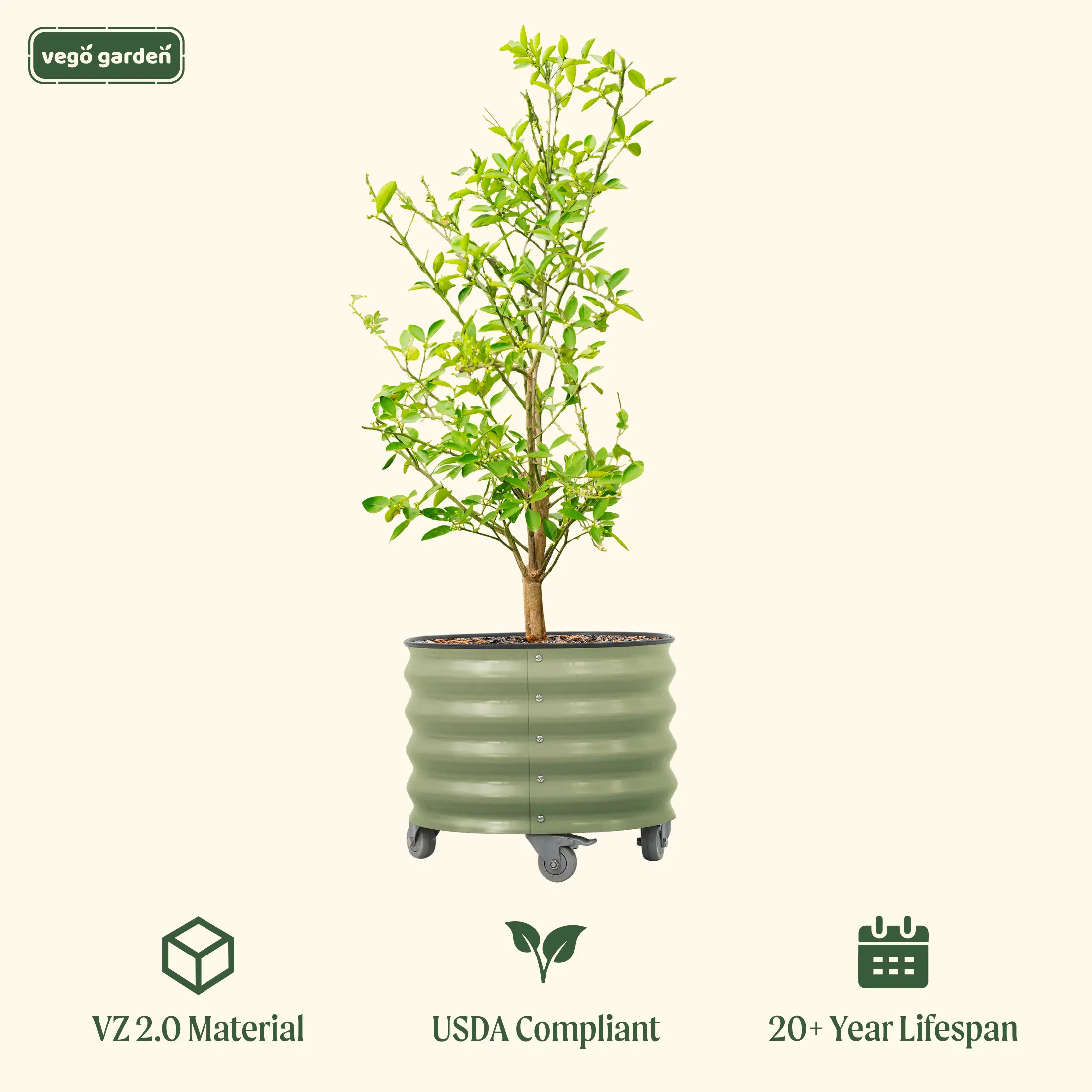 Vego Garden 20 Gallon Rolling Planter Metal Citrus Tree Planter