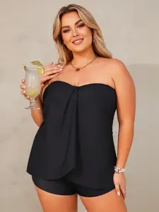 Plus Size Black Strapless Ruffle Tankini Set – Conservative Tummy Control Swimwear with Shorts