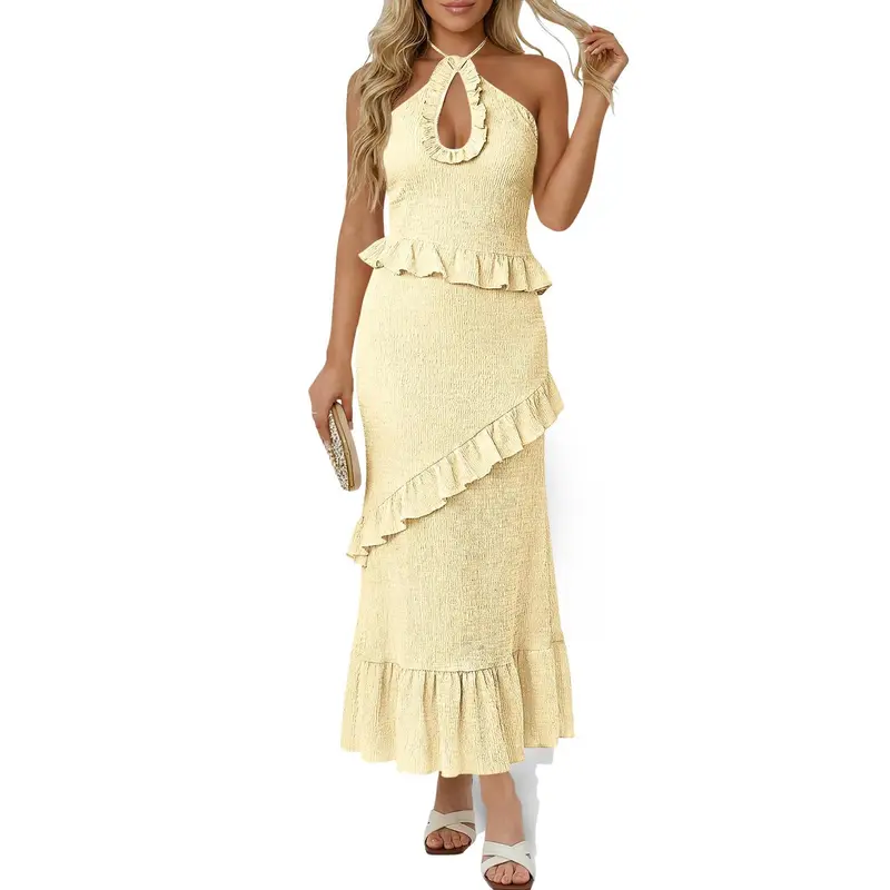Wenrine Women's Knitted Halter Maxi Dress - Sleeveless, Cutout, Ruffle Tassel, Openback, Low Cut Formal Womens Dresses for Summer Evening Outings (Elegant, Sexy, Halter Ruffle, Back-Cutout Styles), Elegant Dresses For Women