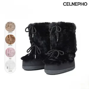 CELNEPHO Faux Fur Mid Calf Boots for Women Round Toe Wedge Heel Lace Design Cozzy Comfy Boot Easy Pull on Indoor Outdoor Snow Boot Gift Party Wear Dress Shoes