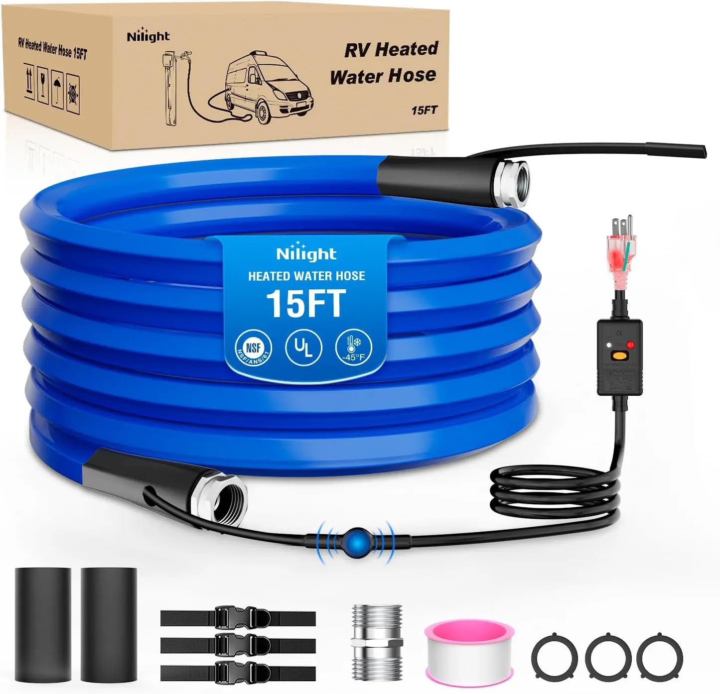 Flexible Water Hose Pipe, Heated 15FT 5/8” ID, -45°F Freeze Protection, RV-Compatible, 3/4" Male/Female Aluminum Fittings, Energy-Saving Thermostat & Smart Heat System, Bisphenol A (BPA)-Free, for Camping