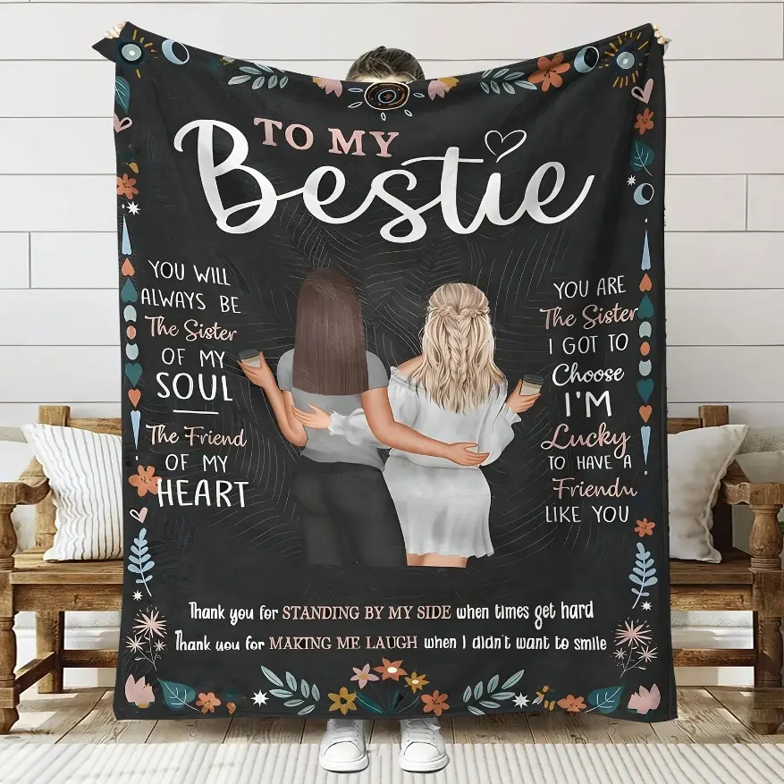 Bestie Themed Reversible Flannel Throw Blanket - 100% Polyester, Digital Print, Machine Washable, All-Season, Multipurpose, Ideal for Birthday, Christmas Gifts