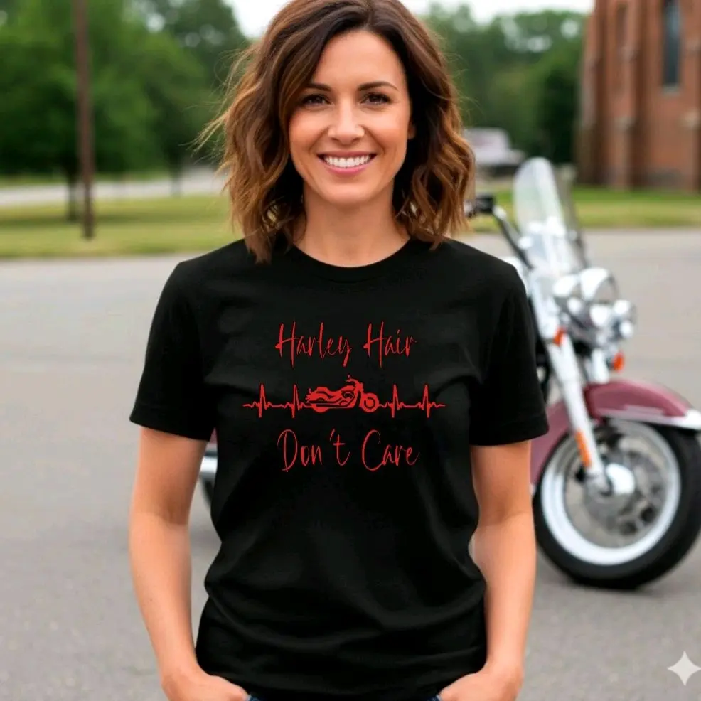 biker shirt harley hair dont care popular trending cute motorcycle riding short sleeve tshirt black and red
