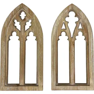 Set of 2 Whitewashed Wood Gothic Arch Window Frame Wall Hangings - Sculptural Elegance for Your Home Decor - 15.75 Inches High, Timeless and Enchanting Ambiance