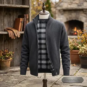Men's Fleece-Lined Long Sleeve Knitted Cardigan Sweater Tops - Stand Collar, Full Zip, Lightweight Thin Outerwear, Warm Comfortable Casual Jumper for Autumn, Winter Daily Wear
