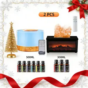 Twin-Pack Remote Aroma Diffuser & Humidifier Set with Auto Shut-Off and 7 Color Lights for Cozy Winter Use at Home or Office relaxing Dual Spray Ultrasonic Humidifier fire fireplace essential usb air timer Quiet Oil Colorful LED Flame Mini bedroom gift
