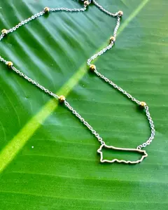 Puerto Rico Silhouette Two-Tone Stainless Steel Necklace with Gold Beads – 17”