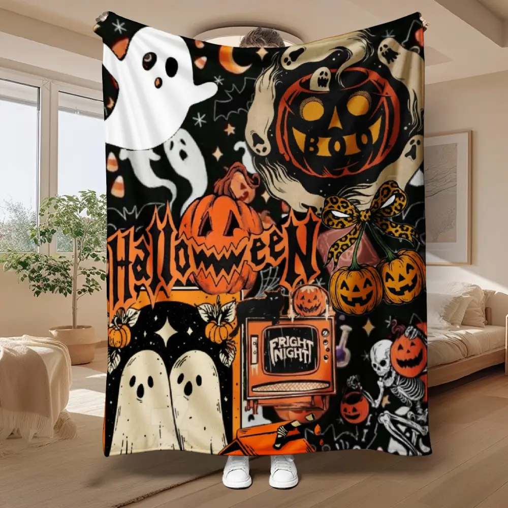 Halloween Orange Blanket Spooky Black Cat Witch Hat Ghost Bat Pumpkin Graphic Flannel Plush Throw Blanket Fall Room Decor Gift for Kids Adults