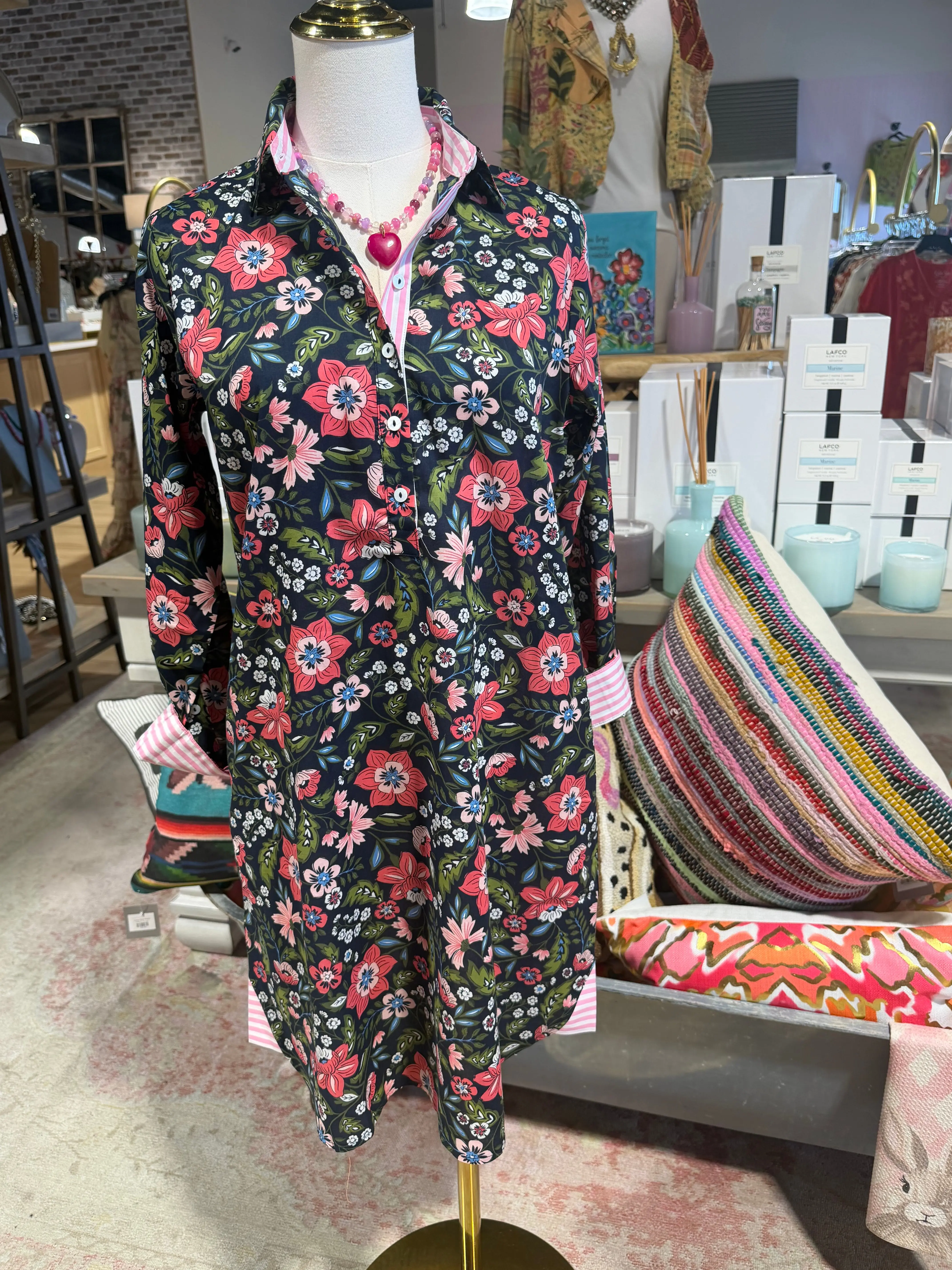 Women's Structured Casual Navy Floral Print Shirt Dress with Pockets, Casual Wear