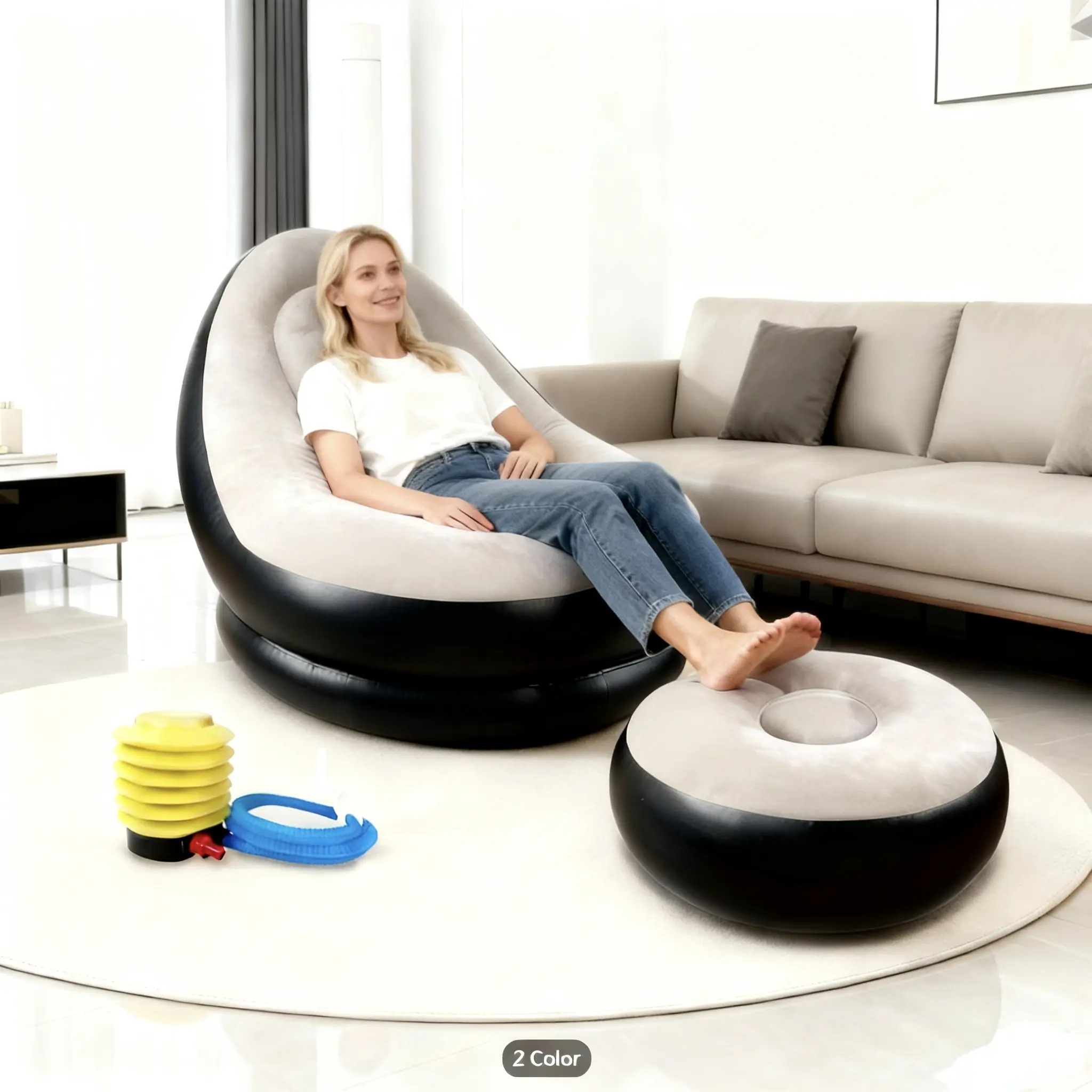 Folding Reclining Lazy Sofa Chair Portable Flocking Air Couch with Foot Stool for Relaxation Indoor Living Room Gaming Bedroom Office Balcony Outdoor Travel Camping#Summervibes Sofa With Headrest U Shaped Sofas
