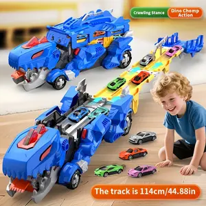 Dinosaur Truck Transforming T-Rex Launcher Truck with Foldable Trailer, Dual Track, Metal Cars, 6 Cars, Blue, Red, Birthday Gift for Boys, Ages 3+