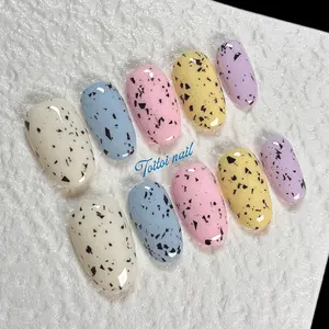 Easter Speckle Handmade Press-On Nails | Short Oval Shape, 10pcs Handmade | Easter Limited Sweet Style | Macaron Multi-Color Base & Black Speckle Pattern | Inspired by Easter Egg/Chocolate Egg | High Gloss Finish | Reusable DIY Nail Kit for Spring, Summer