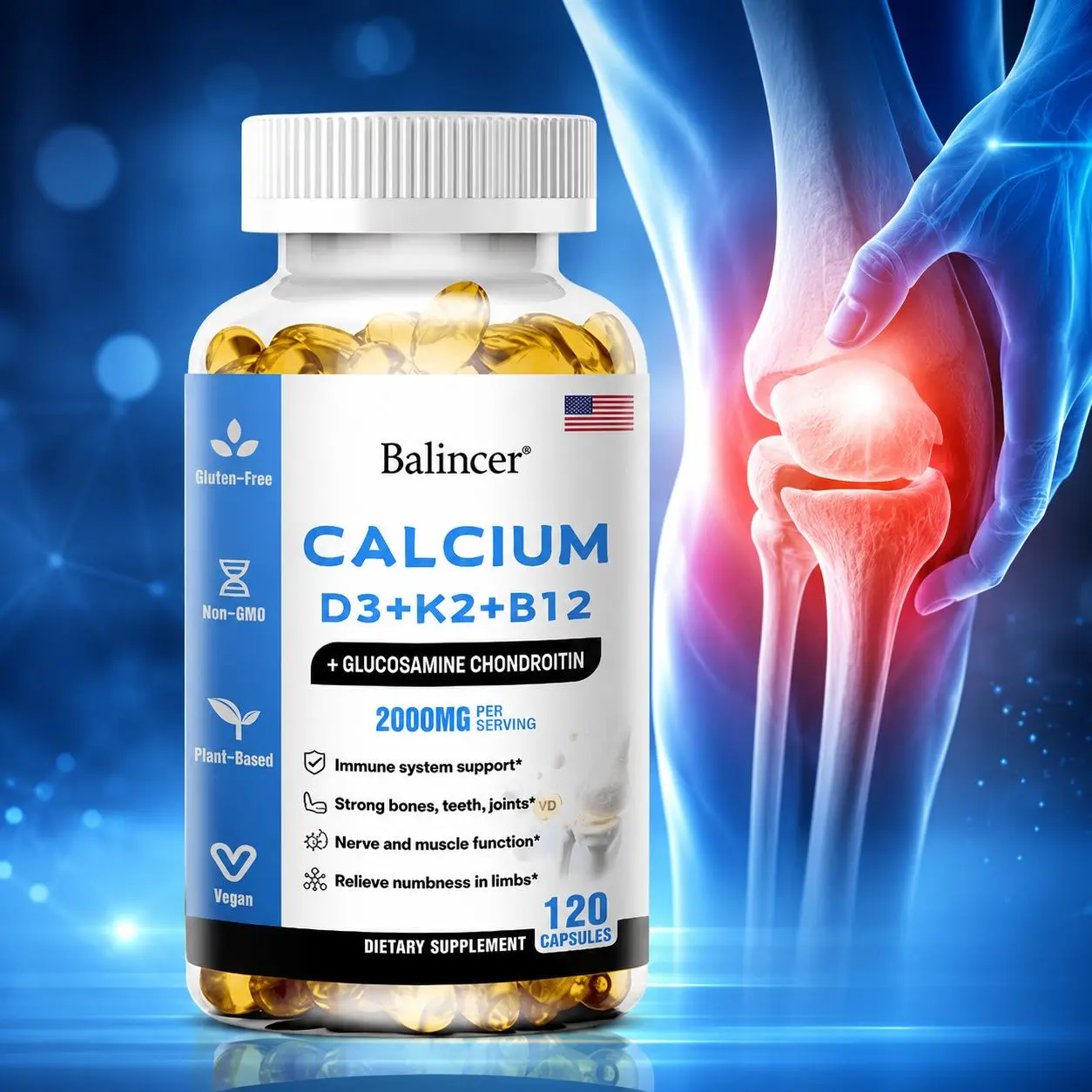 Calcium Capsules w/ D3+K2+B12 Support Bones Muscles Health Immune System 120Caps