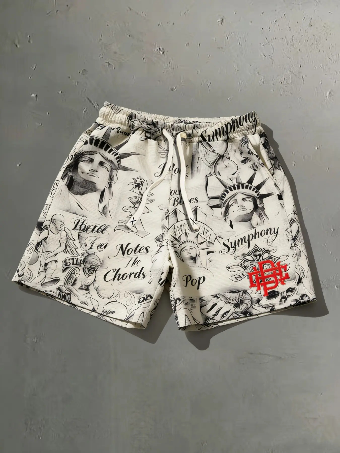 Vintage Saint Mary's Rose printed shorts, street style Streetwear unisex shorts with "Light in the Dark" All Over Print printed vintage religious elements men's shorts, elastic waist loose design, loose sports version Jesus print shorts for believers