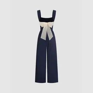 Cider Women's Solid Square Neck Ruched Bowknot Overalls, 2 Colors, Size 2-10