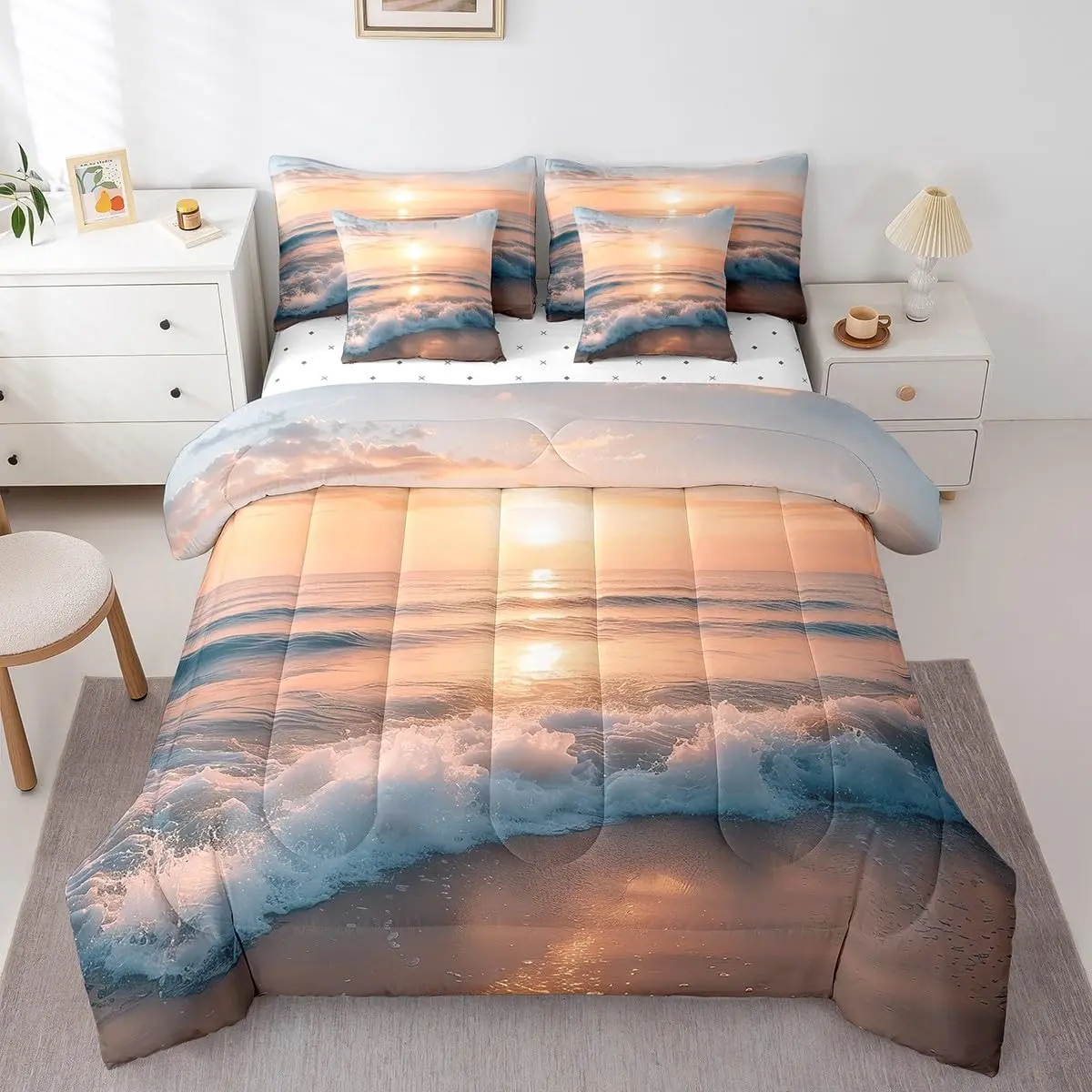 Hawaiian Beach Comforter Set 7 Pieces Ocean Wave Bedding Set for All Season Summer Coastal Nautical Nature Scene Bed in a Bag with Comforter,Sheets,Pillowcases & Cushion Cover