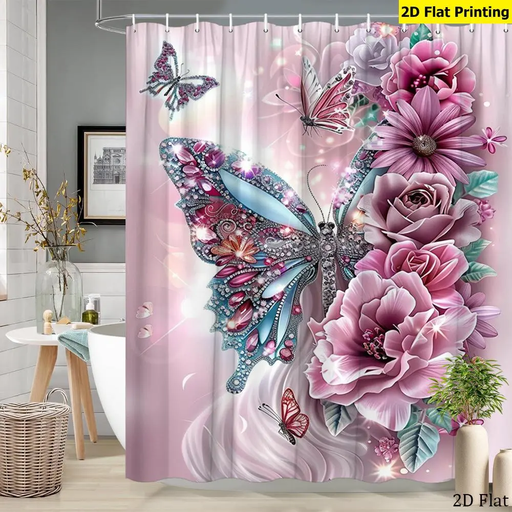 2D Flat Shower Curtain, 1pc, Floral Butterfly Shower Curtain, Bathroom Decor Bathtub Partition Hanging Curtain, Includes 12 Hooks, Flower and Butterfly Design, Suitable for Elegant Home Decor, Suitable for Rooms, Homes, Hotels 72x72inch