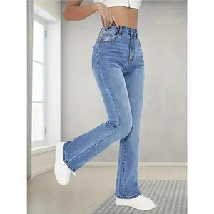 High-stretch washed straight jeans with slant pockets and a high waist — women’s denim jeans and clothing made from stretchy, comfortable denim fabric — perfect for casual, trendy looks — an ideal gift for fashionable women; blue womenswear bottom/trouser
