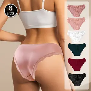 New 6 Pcs Vintage Satin Panties Breathable Underwear Women French Sexy Lace Lingerie Female Mid-waist Thin Mesh Briefs