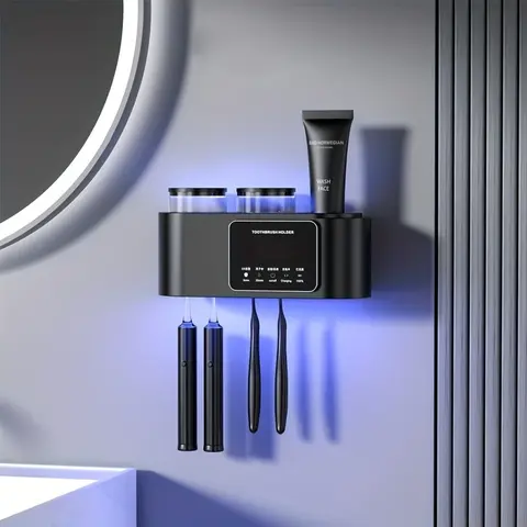 Wall-Mount Multifunctional Space-Saving Toothbrush Holder, Firm ABS Bathroom Accessory with Oral Cup, Cordless and Plug-Free USB Fast Charging, Quick Water Draining Modern Home Decor for Electric Toothbrushes
