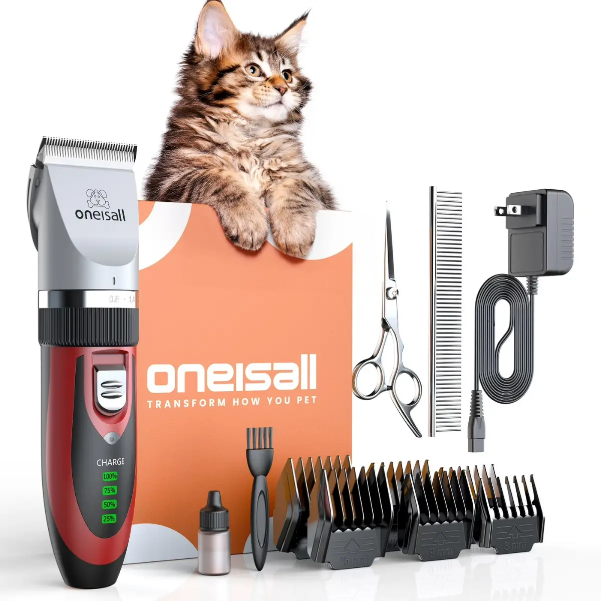 Oneisall C6 Cordless Low-Noise Stainless Steel Electric Grooming Clippers Kit, Pet Hair Trimmer for Cats and Dogs, Red