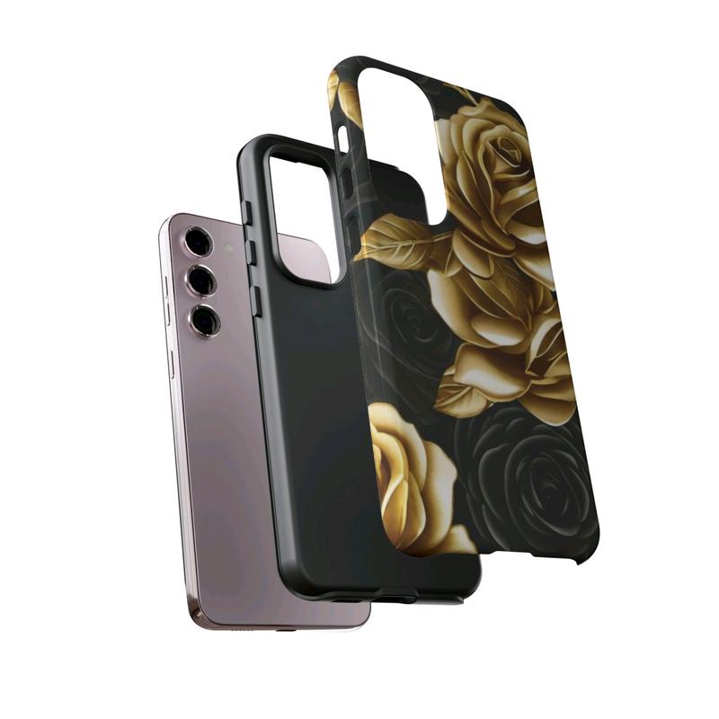 Elegant Black and Gold Roses Phone Case - Stylish Protection for Samsung Galaxy, iPhone, Google Pixel phones, iPhone Case, Samsung Galaxy Case, Google Pixel Case, Cellphone Accessories, Protective Wireless Protector Shell Golden Shockproof Cover