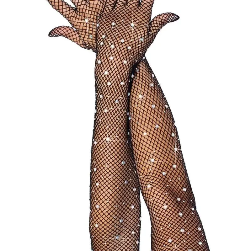 Bling Ring Rhinestone Fishnet Gloves - Black Fishnet Design with Rhinestone Accents for Fashionable Everyday Use