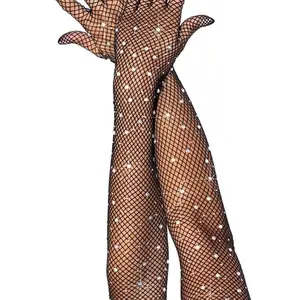 Bling Ring Rhinestone Fishnet Gloves - Black Fishnet Design with Rhinestone Accents for Fashionable Everyday Use