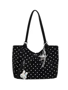 Polka Dot Tote Bag for Women, Large Capacity Commuter Shoulder Bag, Casual Handbag with Strap, Korean Style Wave Pattern Canvas Tote, Soft Student Backpack, Casual Trendy Bag, Fashionable Tote Bag