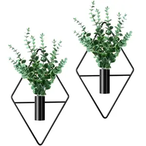 2pcs Diamond Shape Hanging Planters Boho Wall Decor Hanging Planters with 2 Simulated 7-Pronged Forks Artificial Plants Metal Hanging Vase for Home Living Room Bedroom Garden Decorations Flower Arrangement Decoration Items Interior Flower Springtok