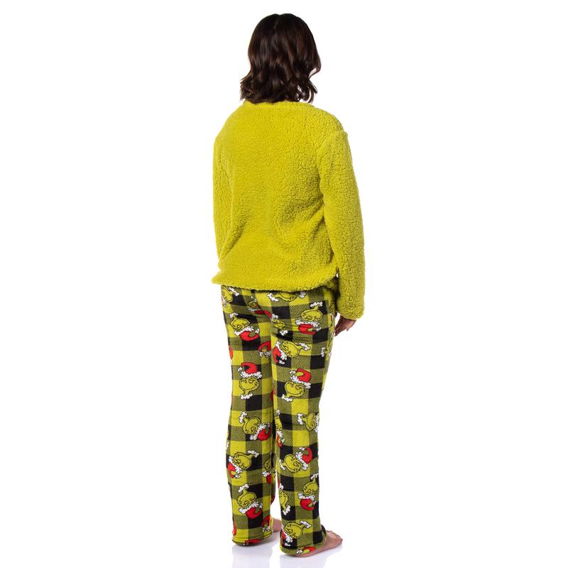 The Grinch Pajama Set Dr. Seuss Women's The Grinch Santa Fleece Buffalo Plaid Sleep Pajama 2 Piece Set Lounge