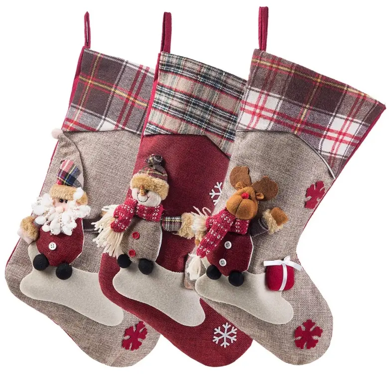 3PCS 17.5" Christmas Stocking Classic Vintage Large Stockings Large Christmas Stockings Santa, Snowman, Reindeer Xmas Character for Family Holiday Christmas Decorations