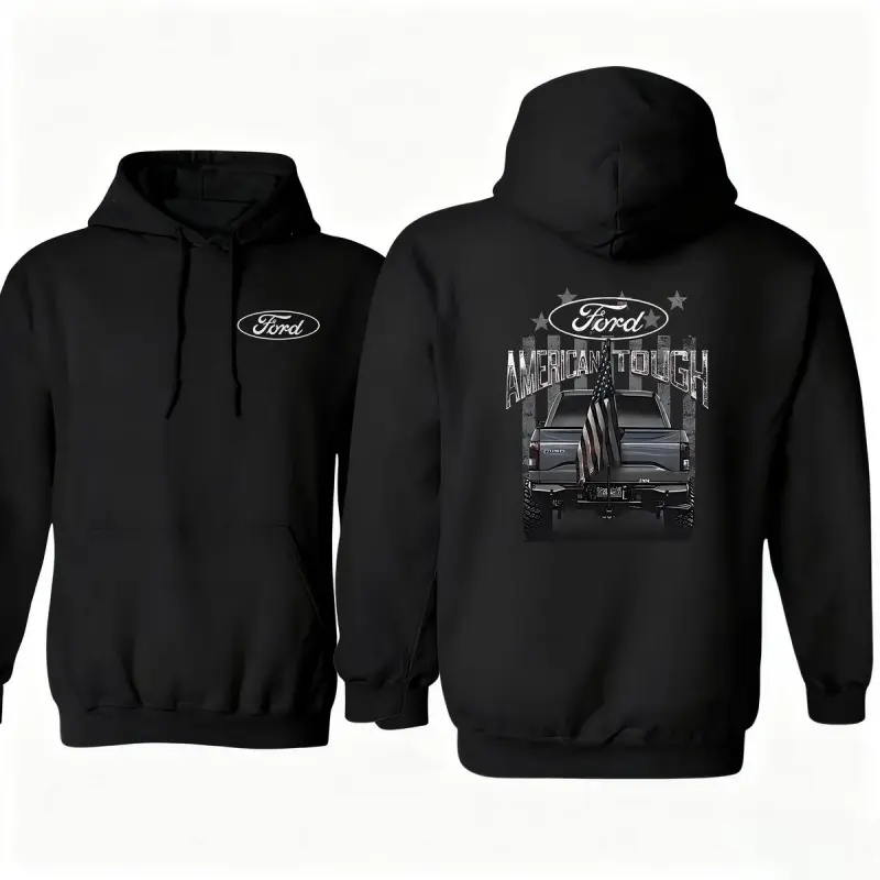 Ford Hoodie - American Hardcore Pickup Truck and Flag Pattern, Ford Logo Patriotic Hoodie, Unisex Truck Enthusiast Gift for Ford Fans, Holiday Gift, Birthday Gift, Fashionable and Comfortable fabric streetwear
