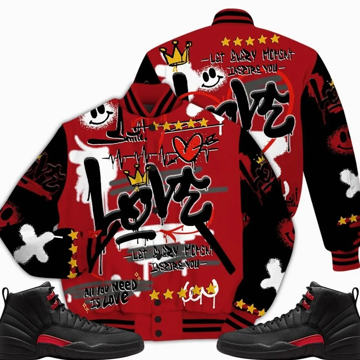 Bloodline 12s Outfit Varsity Jacket, Happy Love Beats Graffiti Sneaker Matching Shirt