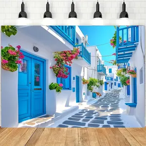 Blue White Street Backdrop European Town Theme Tapestry Wall Hanging Photography Background for Cafe Decor Wedding Party Home Room Event Photography Supplies