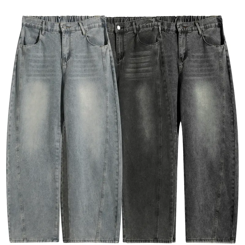 Men's Dark Gray Washed Denim Baggy Jeans - Elastic Waistband, Wide Straight Legs, Plus Size, All-Season Casual Long Hip-Hop Streetwear, Oversized Vintage Loose Wash Bottoms