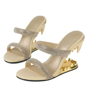 Morso Sandals For Women Rhinestone Heels Open Round Toe Tiger Teeth Shark Heel Slip On Straps Comfortable Date Party Dress Concert Wedding Trendy Heels