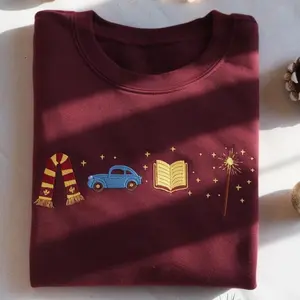 Embroidered hgws Wizard theme sweatshirt, Fantasy sweatshirt, Magic wand sweatshirt, School of Witch and Wizardry, book lover gift
