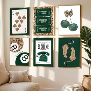 6pcs/set Frameless Emerald Green No. 8 Ball & Leopard Print Animal Canvas Print Cherry Playing Card Wall Art Poster Modern Art Design Artistic Decorative Decoration for Modern Home Decor