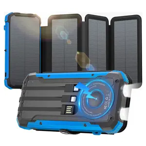 20000mAh Solar power bank PD 15W Fast Solar Charger with Foldable Panels 4 Foldable Panels 15W Wireless Built-in Cables USB-C In/Out Camping Hurricane Emergency Smart iPhone 17 Compatible Chargeable Power Bank