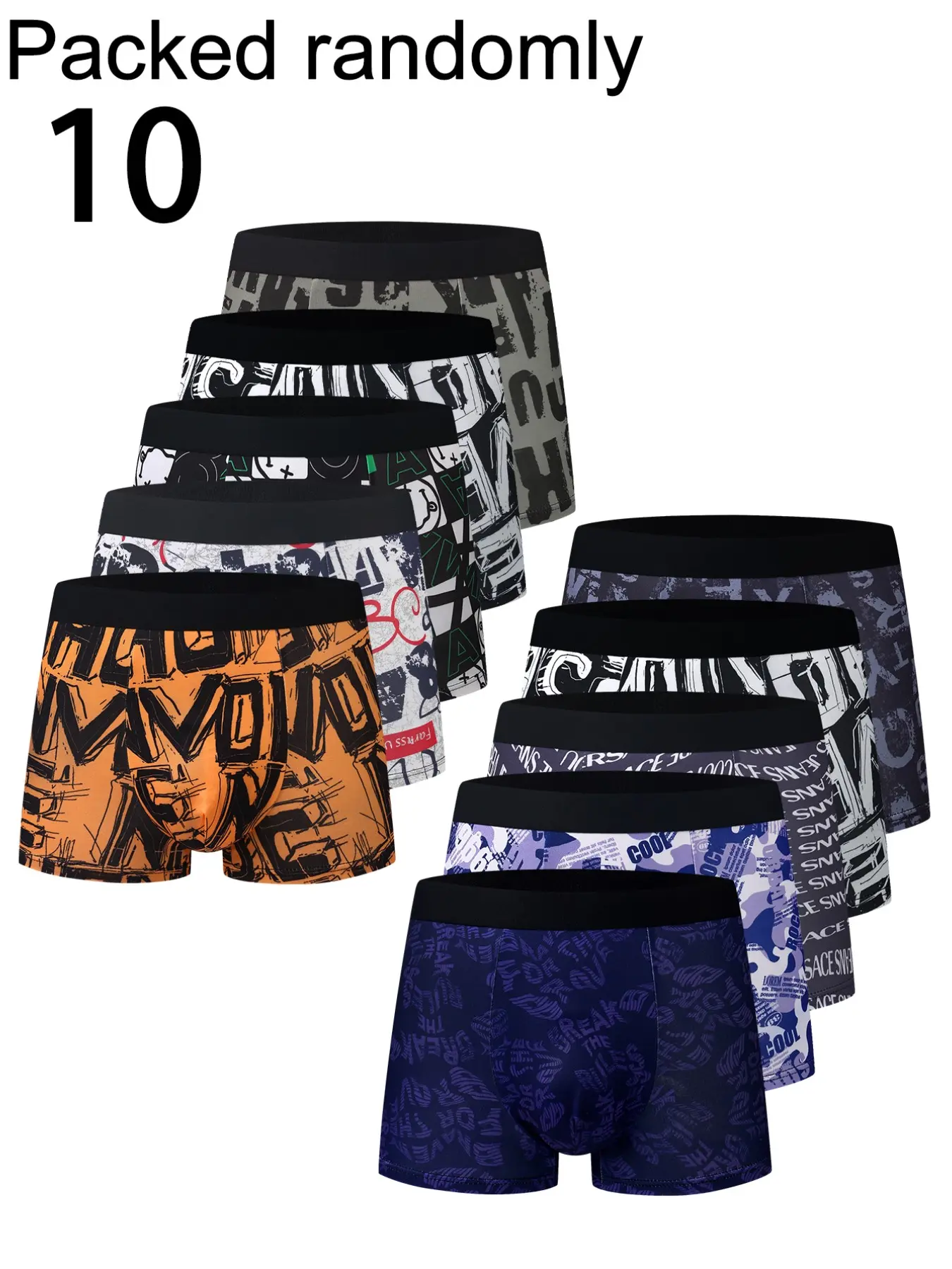 10 Pcs Men's Boxer Briefs, Street Style Geometric Print, Mid Waist High Stretch, Breathable Non-Itchy, Summer Fashion Trunk Shorts, Underwear Boxer, Stretchy Boxer Briefs