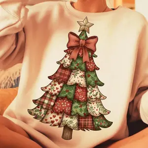 Patchwork Christmas Tree Sweatshirt T  Shirt Hoodie, Vintage Merry Christmas Bow , Girly Xmas Holiday, Rustic Christmas Tree