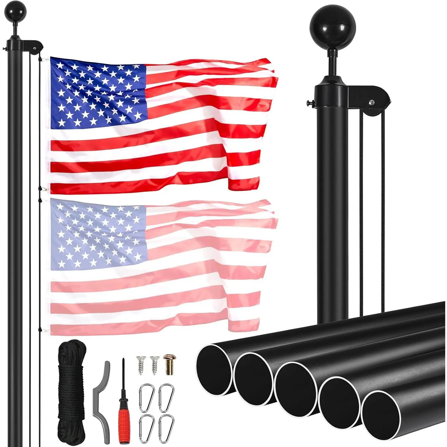 VEVOR 25ft Sectional Flagpole Kit, Heavy Duty Aluminum Alloy Flag Poles for Outside House in Ground, 3 Display Modes with 3x5 American Flag, Professional Accessories, Black
