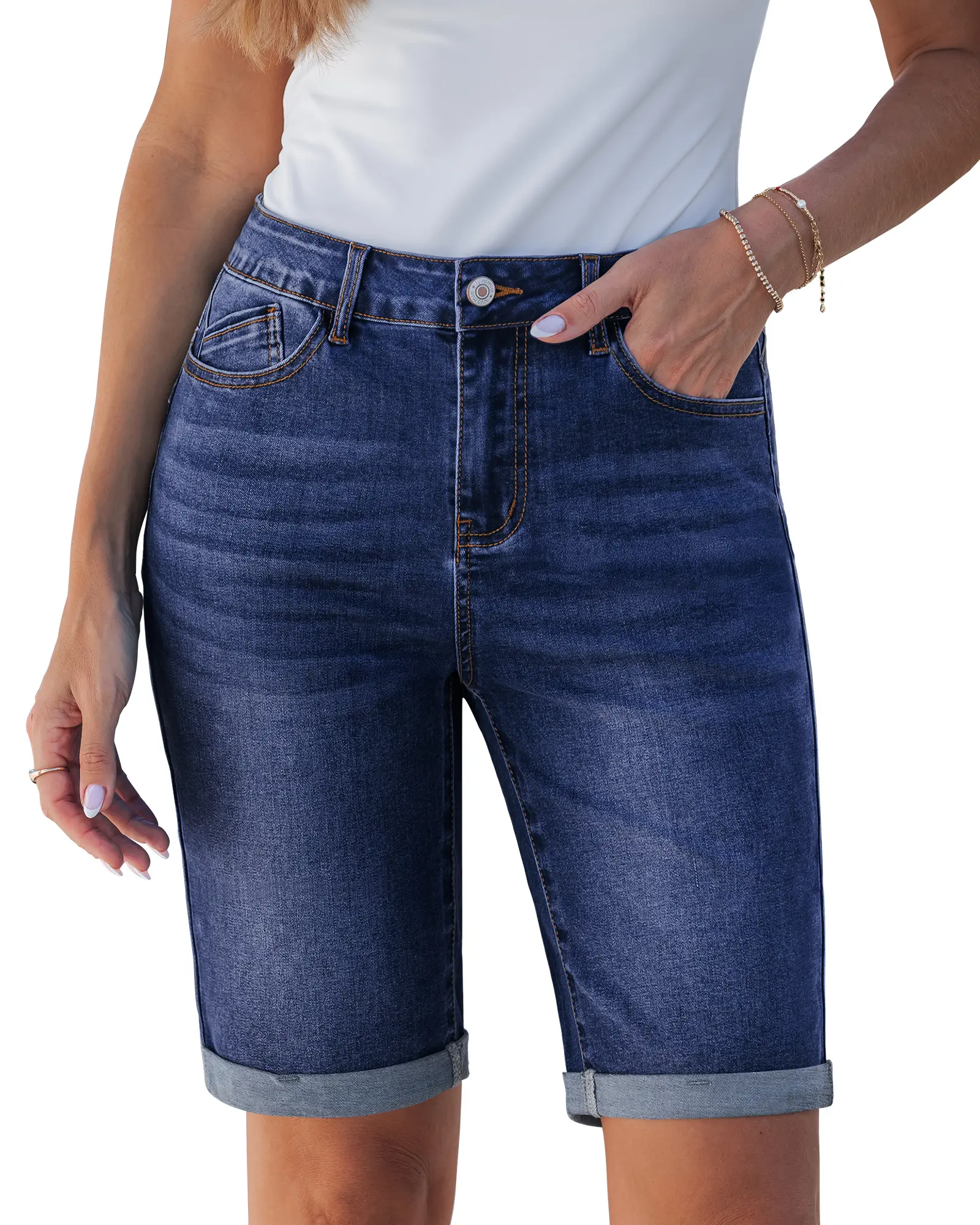 luvamia Bermuda Jean Shorts for Women Knee Length High Waisted Trendy Cuffed Hem Long Stretchy Denim Shorts Summer Jorts