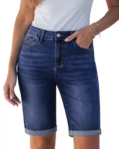 luvamia Bermuda Jean Shorts for Women Knee Length High Waisted Trendy Cuffed Hem Long Stretchy Denim Shorts Summer Jorts